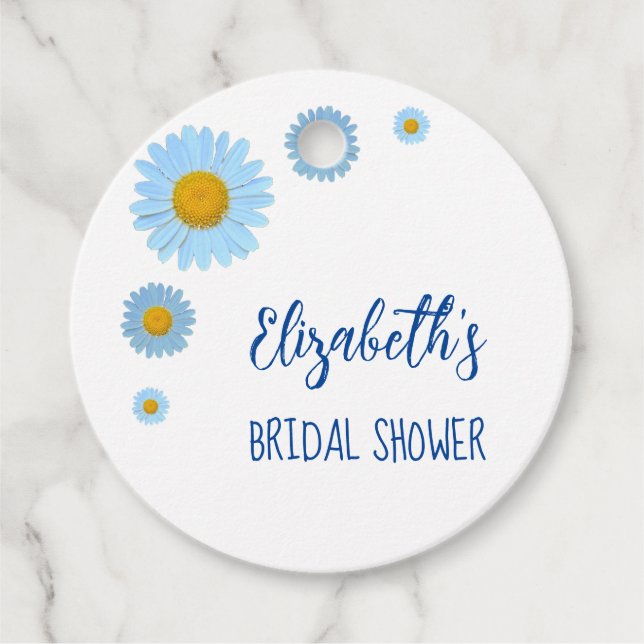 Blå tusensköna blommig bröllopsdusch gåvor etiketter (Framsida)