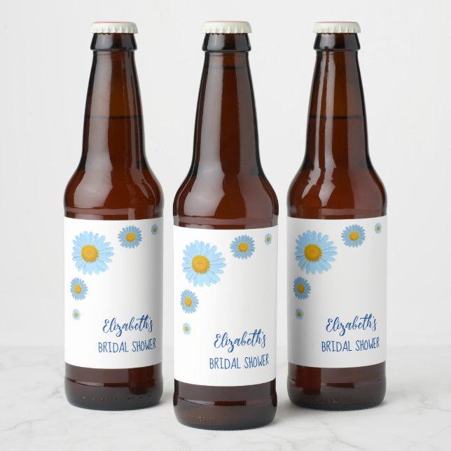 Blå tusensköna blommig bröllopsdusch ölflaska etikett (Flaskor)