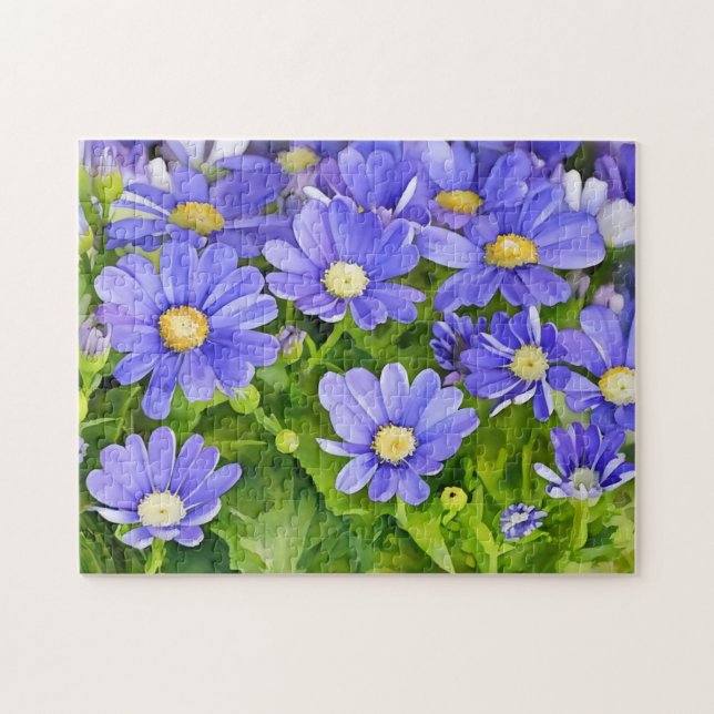 Blå tusensköna blommor Trädgård Konstpussel Pussel (Horisontell)