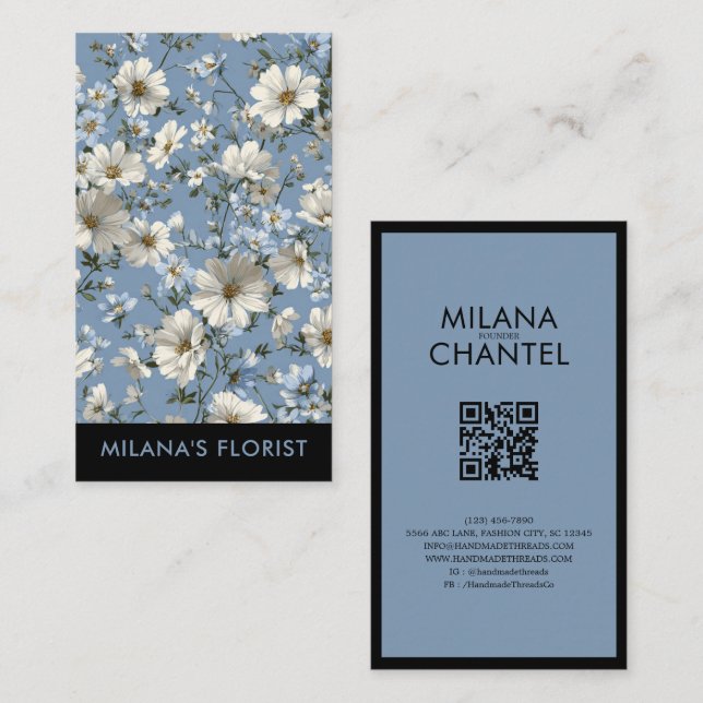 Blå tusensköna modern trendig blomma florist visitkort (Fram/baksida)
