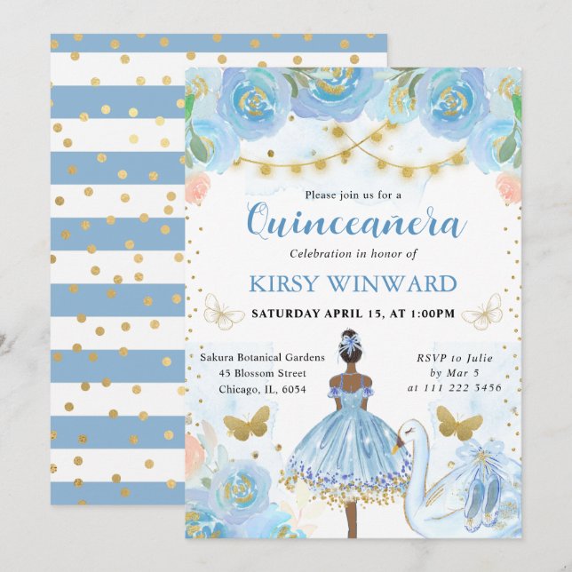 Blå Tutu Mörkhyad Balettdansös Quinceanera Inbjudningar (Fram/baksida)