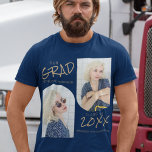 Blå tvåarmade foto Studenten T Shirt<br><div class="desc">Enkel,  modern studenten-tshirt,  med två bågfotona över en marin blå bakgrund,  med guld-malltext som lyder "VÅR GRAD,  DERAS NAMN,  KLASS AV OCH DERAS SKOLOR,  UNIVERSITETEN ELLER COLLEGE". Du kan ändra teckensnittet stilar och färg i bakgrunden genom att klicka på länken för anpassning efter anpassning.</div>