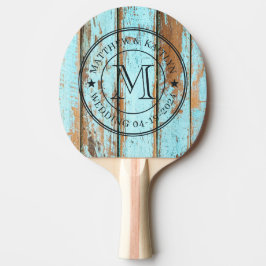 Blå Tvätt Trä Bröllop Monogram Stjärna Pingisracket