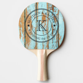 Blå Tvätt Trä Bröllops Monogram Pingisracket