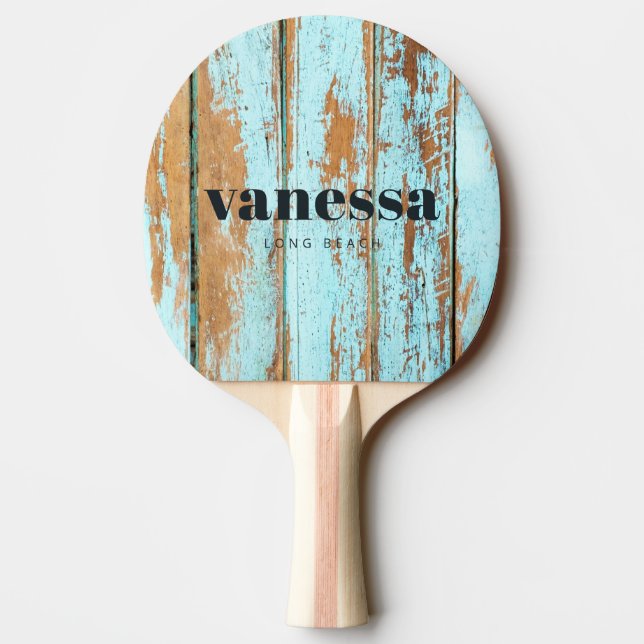Blå tvätt trä Minimal Modern Klassisk Namn Pingisracket (Baksidan)