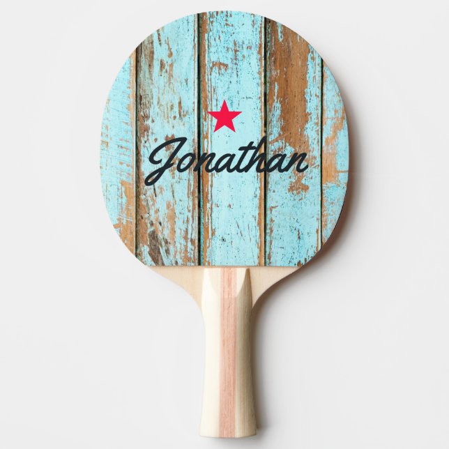 Blå Tvätt Trä Vintage Stjärna Signatur Pingisracket (Framsidan)