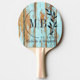 Blå Tvättad Träblad Vigsel Monogram Pingisracket