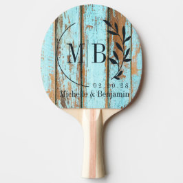 Blå Tvättad Träblad Vigsel Monogram Pingisracket