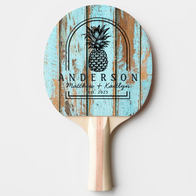 Blå tvättad träd ananas bröllopsbåge & namn pingisracket (Framsidan)
