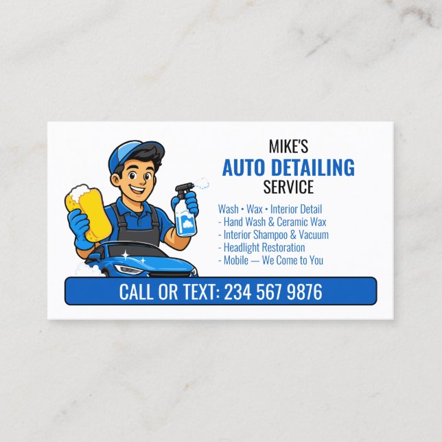 Blå tvättbilsanimering QR Auto Detailing Visitkort (Framsida)