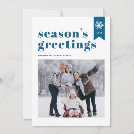 Blå typografi Snowflake Season Greetings Photo Julkort