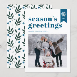 Blå typografi Snowflake Season Greetings Photo Julkort