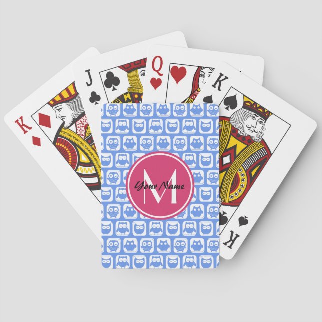 Blå Uggla Mönster Rosa Anpassningsbar Monogram-Per Casinokort (Baksidan)