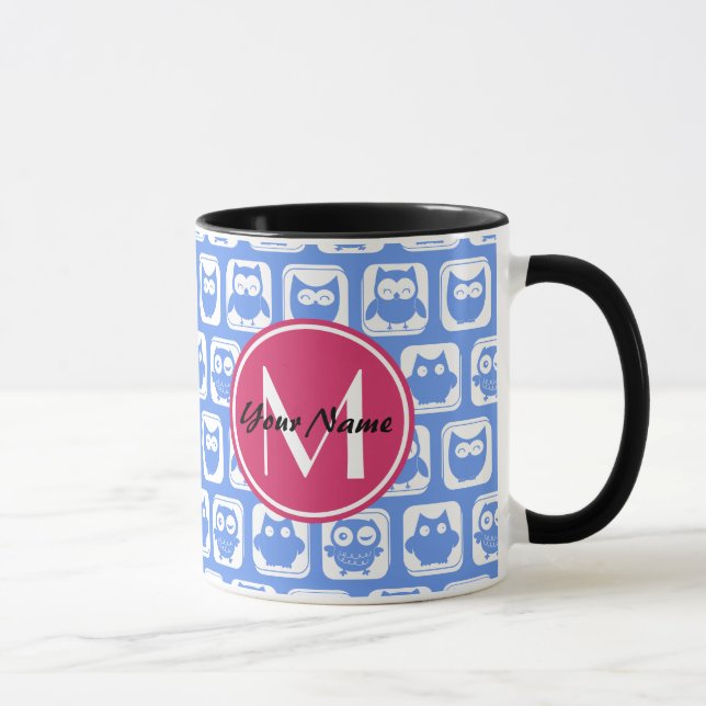 Blå Uggla Mönster Rosa Anpassningsbar Monogram-Per Mugg (Höger)