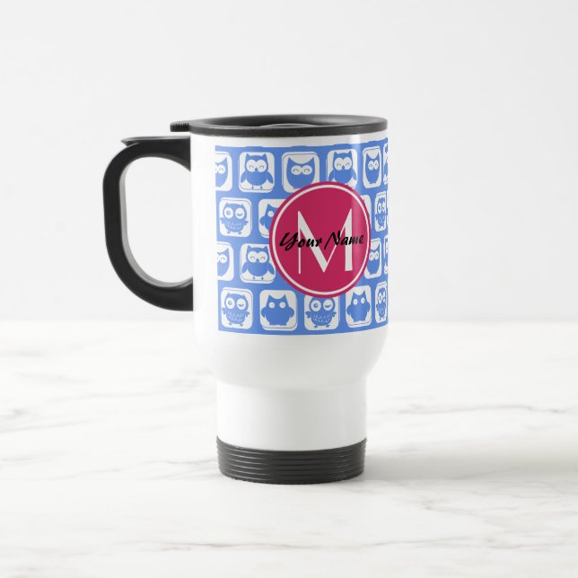 Blå Uggla Mönster Rosa Anpassningsbar Monogram-Per Resemugg (Vänster)