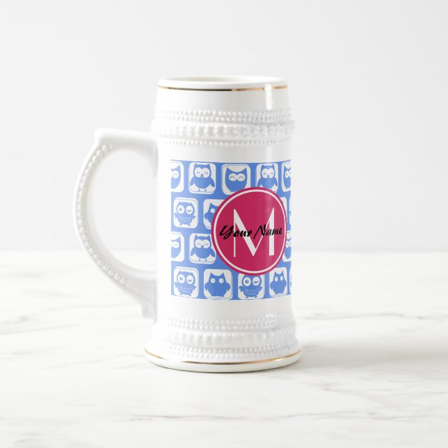 Blå Uggla Mönster Rosa Anpassningsbar Monogram-Per Sejdel (Vänster)