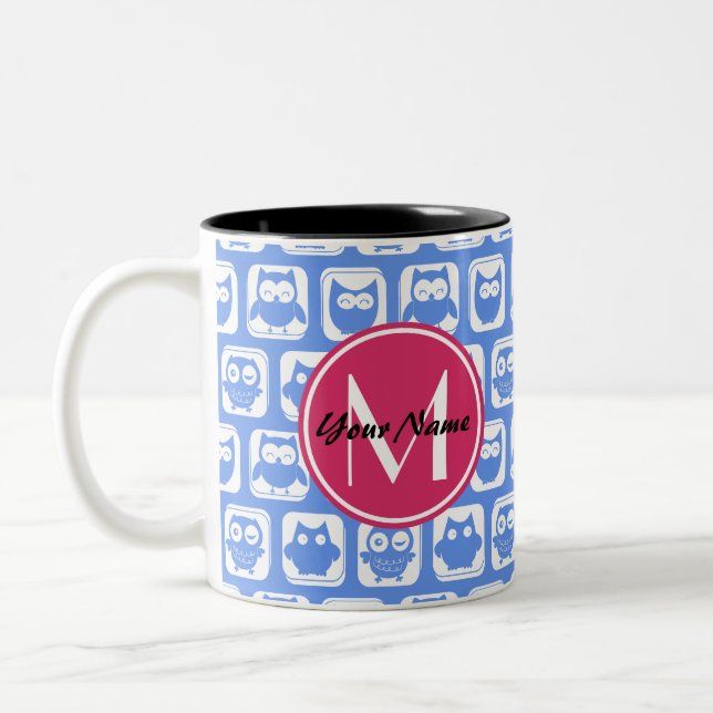 Blå Uggla Mönster Rosa Anpassningsbar Monogram-Per Två-Tonad Mugg (Vänster)