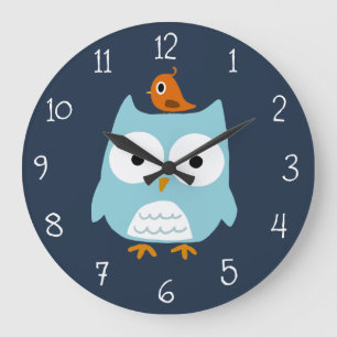 Blå Uggla och Cute Orange Bird Stor Klocka