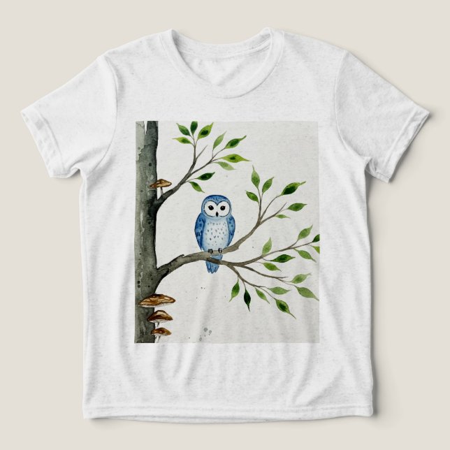 Blå uggla på en trädgren t shirt (Design Framsida)