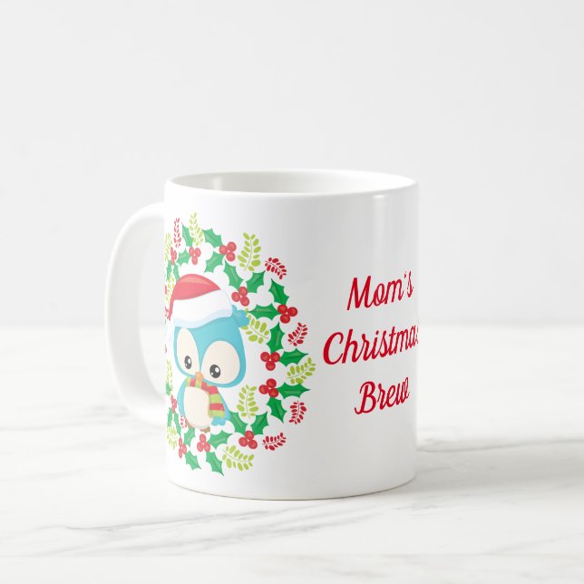 Blå Uggla Santa Hat-julfransen Kaffemugg (Framsida vänster)