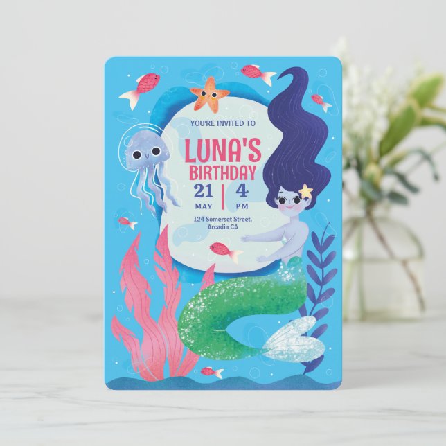 Blå under havet,Blå Sjöjungfru födelsedag Inbjudningar (Stående Fram)