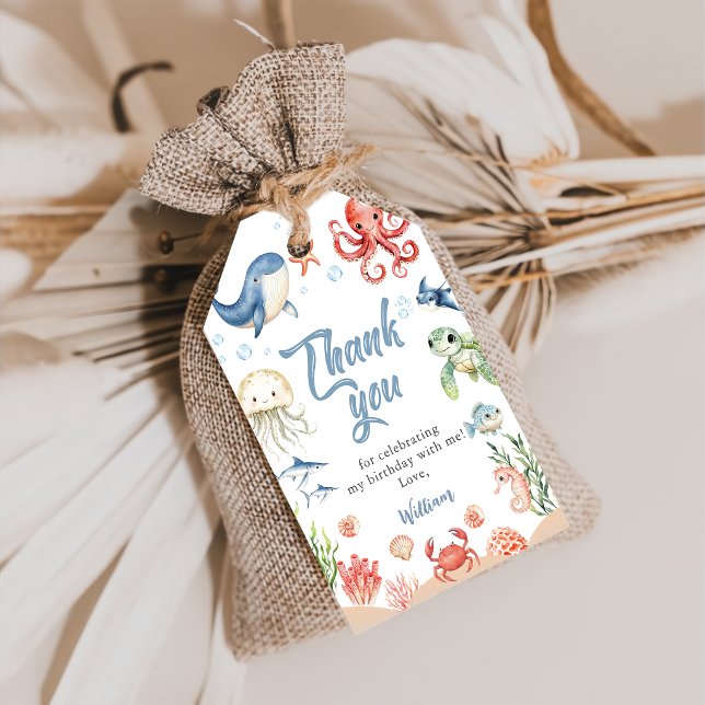 Blå under havet havsdjur födelsedag presentetikett (Skapare uppladdad)