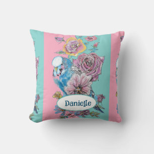Blå undulat fågel Ros Blommig Rosa Aqua Flicknamn Kudde