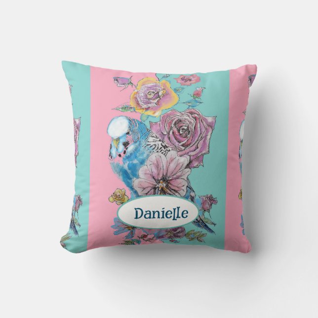 Blå undulat fågel Ros Blommig Rosa Aqua Flicknamn Kudde (Framsida)