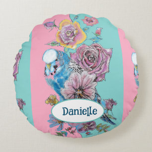 Blå undulat fågel Ros Blommig Rosa Aqua Flicknamn Rund Kudde