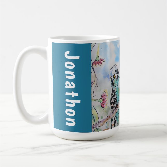 Blå undulat undulater papegojor makar mans namn kaffemugg (Vänster)