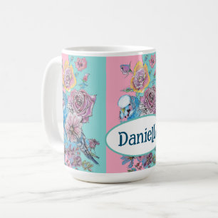 Blå undulatfågel Ros Blommig Rosa Aqua Flicknamn Kaffemugg