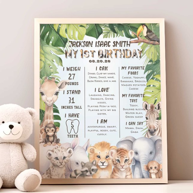 Blå ungdjur 1:a födelsedagsstenen fototryck (Blue Baby Boy 1st birthday, Safari animals themed birthday stats , milestone poster.)