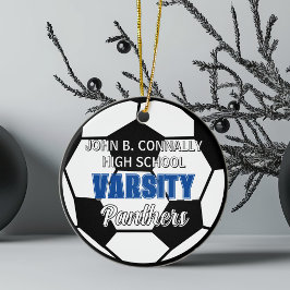 Blå universitetsfotboll anpassad gymnasie jul julgransprydnad keramik