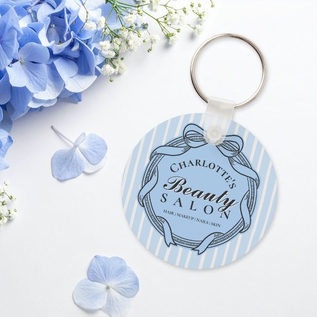 Blå utsmyckad bågrambeauity salong nyckelring (Blue Ornate Bow Frame Beauty Salon Keychain)