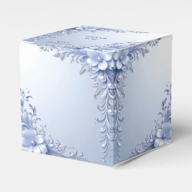 Blå utsmyckade blommor med pärlor Favor-box Presentaskar (Framsidan Sidan)