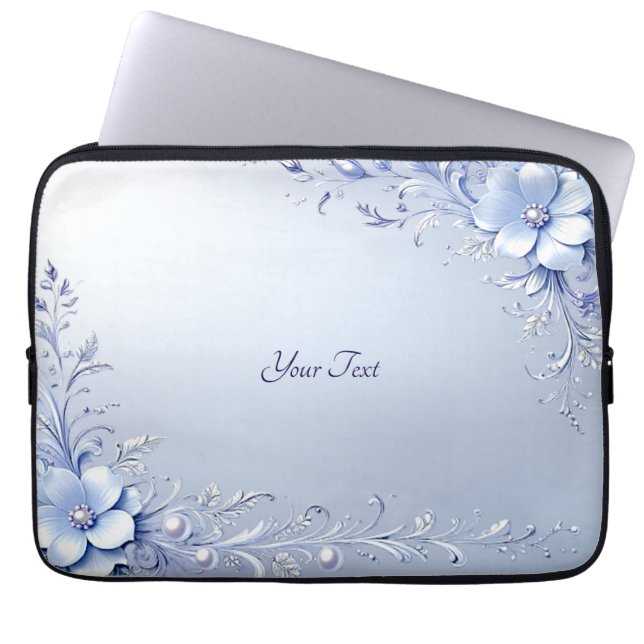 Blå utsmyckade blommor med pärlor Laptopfodral Laptop Fodral (Framsidan)