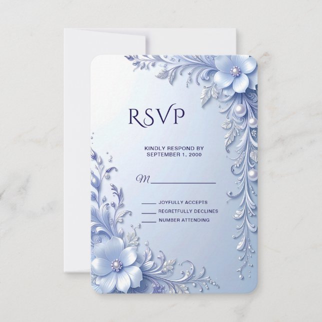 Blå utsmyckade blommor med pärlor RSVP-kort OSA Kort (Framsida)