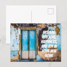 Blå vägg & dörr grattis kort för ny bostad