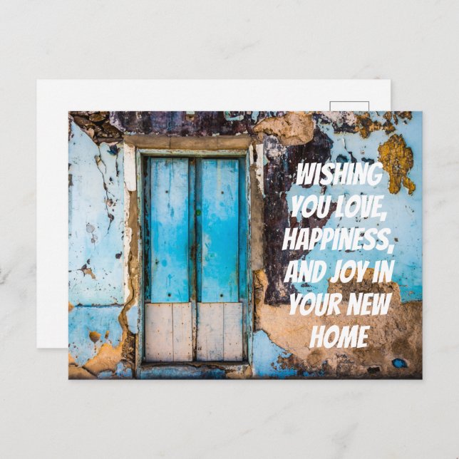 Blå vägg & dörr ny hem gratulations vykort (Fram/baksida)