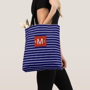 Blå Vågrät Rand Red Monogram-mall Tygkasse