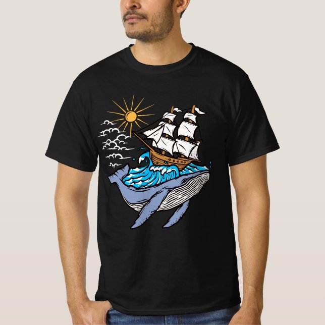 Blå val segelfartyg våg nautiskt tema t shirt (Framsida)