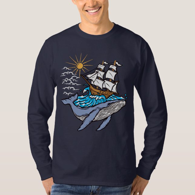 Blå val segelfartyg våg nautiskt tema  t shirt (Framsida)