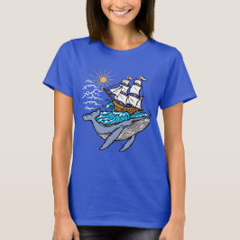 Blå val segelfartyg våg nautiskt tema t shirt