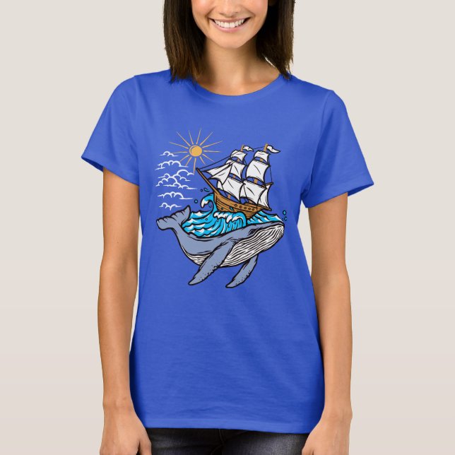 Blå val segelfartyg våg nautiskt tema   t shirt (Framsida)