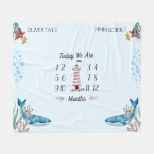 Blå valar Twin Baby Milestone Fleecefilt