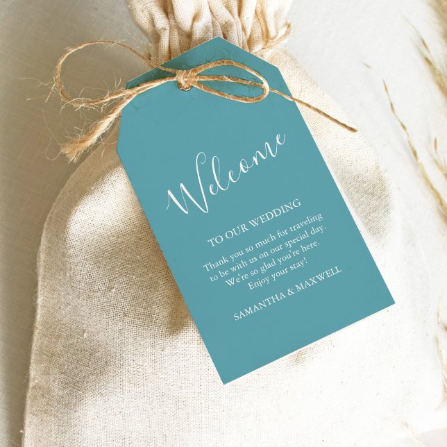 Blå välkomstpresent för gäster etiketter (Wedding favor tags turquoise blue)
