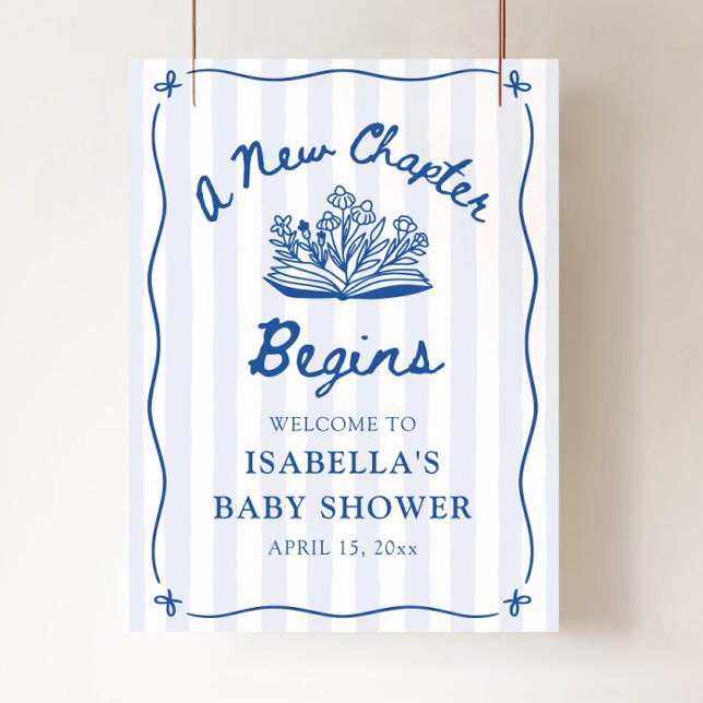 Blå välkomstskylt för baby shower - Ett nytt kapit Poster (Blue A New Chapter Begins Baby Shower Welcome Sign)