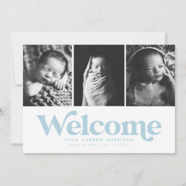 Blå välkomsttre foto födselannons meddelande