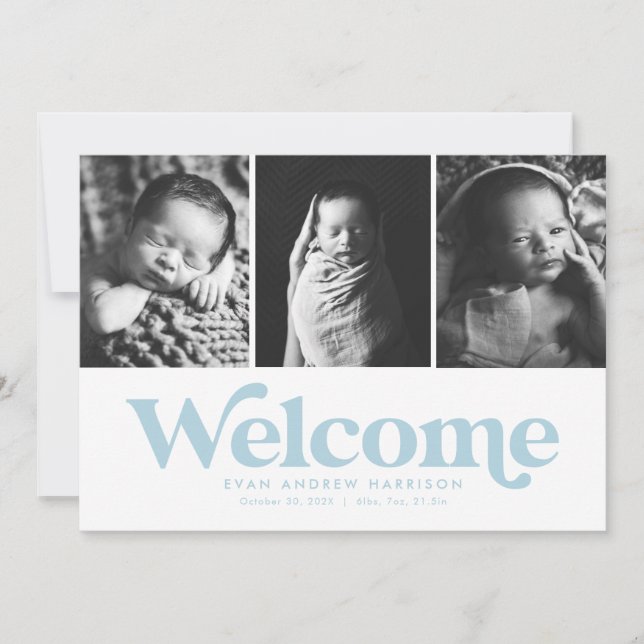 Blå välkomsttre foto födselannons meddelande (Framsida)