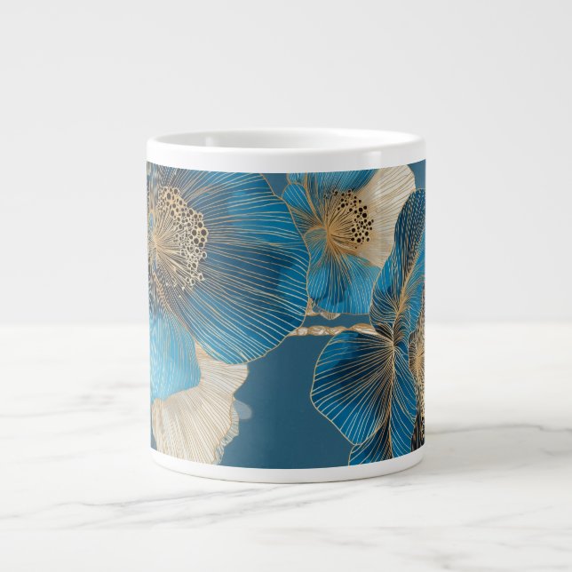 Blå Vallmo Botanisk Guld Linje Konst Blommig Jumbo Mugg (Framsidan)